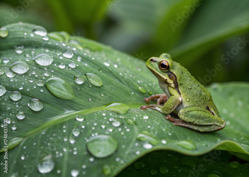 A green frog sits on a vibrant leaf with water droplets