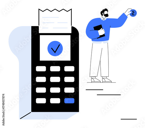 POS device with receipt and checkmark, man holding currency coin and notebook. Ideal for fintech, e-commerce, retail payment, cashless transaction, financial literacy, online shopping, simple flat