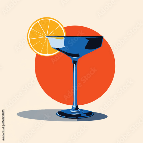 Elegant Blue Cocktail Glass with Orange Slice Against a Retro Orange Circle Background for Upscale Beverage Advertising and Bar Promotions