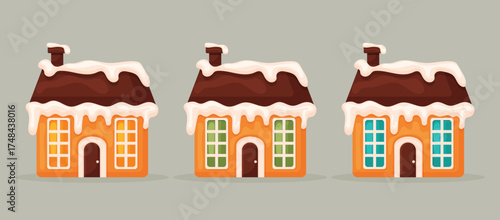 Cozy gingerbread cottage covered with snow flat design.
