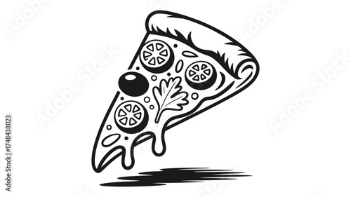 Hand drawn black and white illustration of a delicious slice of pizza with melting cheese and toppings