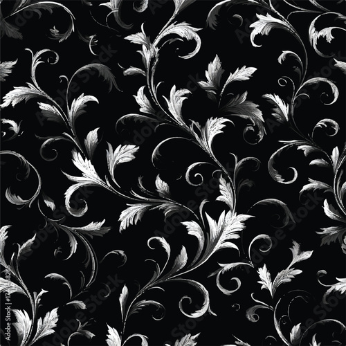 Elegant Floral Pattern in Black and White Featuring Swirling Leaves and Vines for Wallpaper and Textile Design with a Vintage Aesthetic