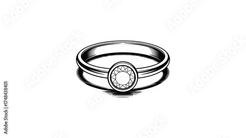 Elegant oval gemstone engagement ring with shadow on white background hand drawn illustration