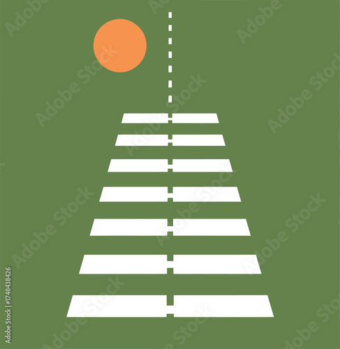 Runway approach illustration on green background with orange sun