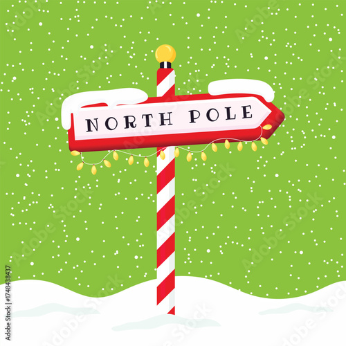 North Pole direction sign with snow and Christmas lights flat illustration.