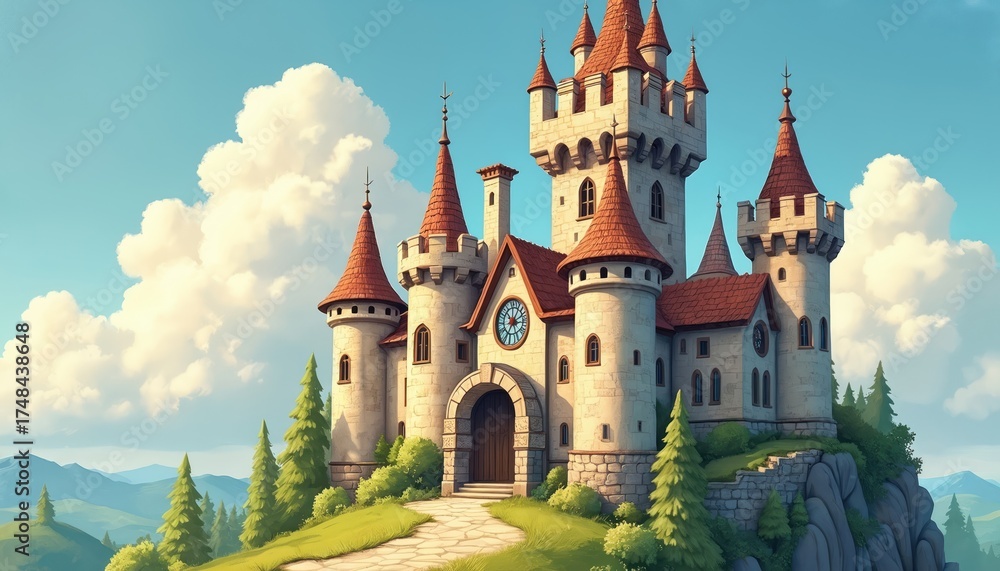 Fototapeta premium Fairytale castle with tall towers sits on green hill. Stone fortress has red roofs. Rich trees grow nearby. Blue sky with white clouds above mountains.