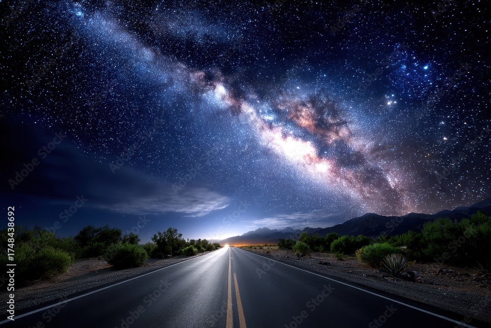 Naklejka premium Starry night sky over an empty highway in a remote desert location