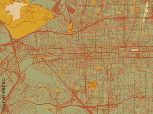 Abstract flat-design map of Pomona, California, featuring earthy sage background with rust roadways and ochre details.