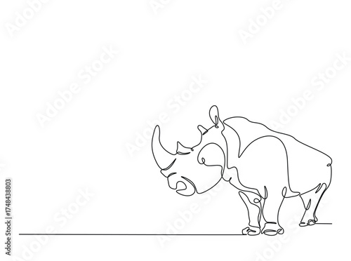 Wild rhinoceros  in single outline illustration. Continuous line art drawing of rhino animal. Editable stroke.