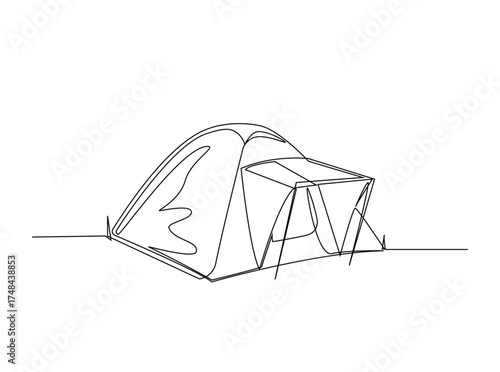 Camping tent in single outline illustration. Continuous line art drawing of canvas camping tent. Editable stroke.