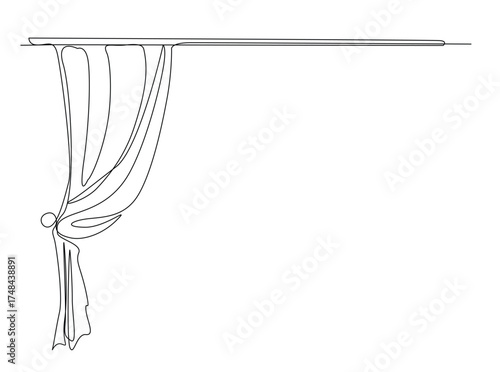 Stage curtains in single outline illustration. Continuous line art drawing of home curtains with side corner. Editable stroke.
