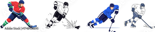 Four hockey players in various poses, showcasing the sport's dynamic movements with colorful uniforms on a white background, ready for game action.