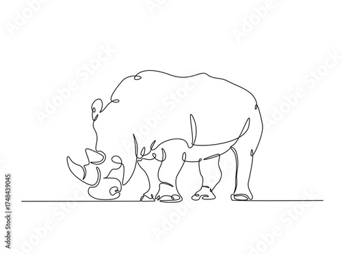 Wild rhinoceros  in single outline illustration. Continuous line art drawing of rhino animal. Editable stroke.