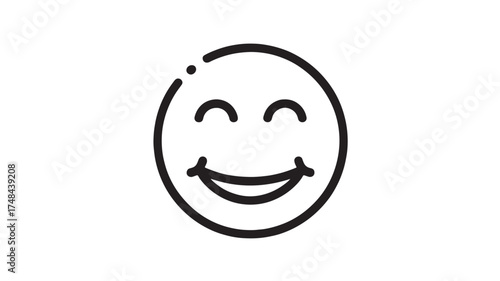 Simple black and white line art of a joyful, smiling face with closed eyes, conveying happiness and positivity.