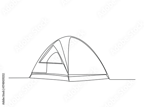 Camping tent in single outline illustration. Continuous line art drawing of canvas camping tent. Editable stroke.