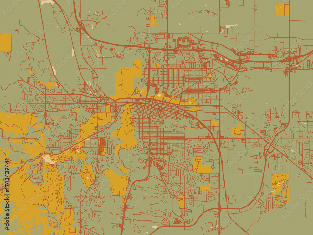 Fototapeta premium Abstract flat-design map of Rapid City South, Dakota, featuring earthy sage background with rust roadways and ochre details.