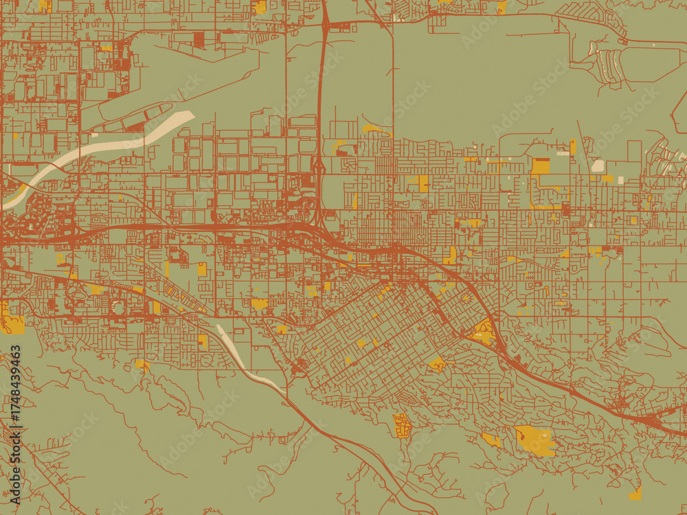 Fototapeta premium Minimalist flat city map of Redlands, California with sage/olive tone field with rust networks and ochre shapes, cream water.