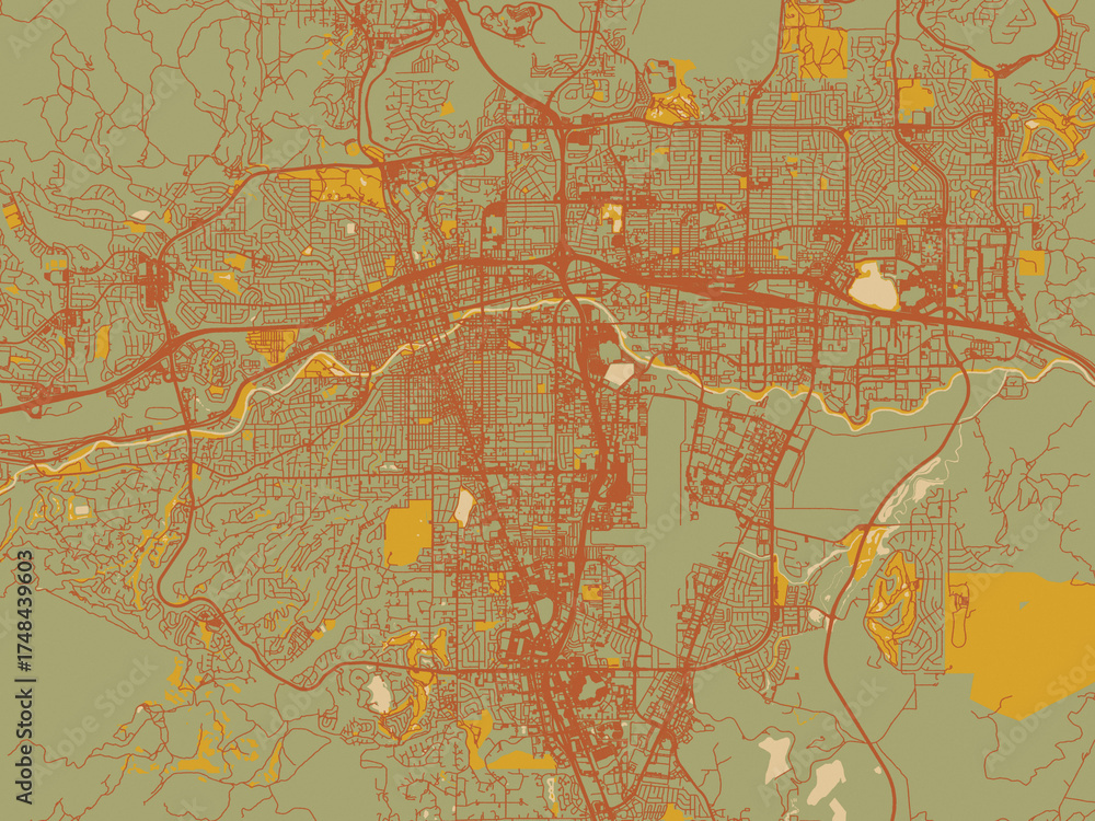 Fototapeta premium Flat painterly map of Reno, Nevada in muted sage base, rust-colored roads, and soft ochre highlights.