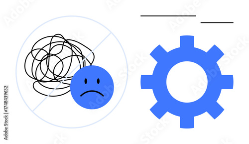 Sad face with tangled lines next to a gear symbol representing organization and solutions. Ideal for mental health, problem solving, self-help, productivity, innovation, focus, simple flat metaphor