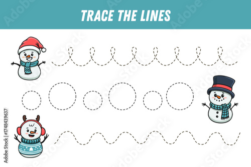 Tracing lines for kids. Christmas page with snowman. Handwriting practice. Educational game for kids . Activity page. Vector