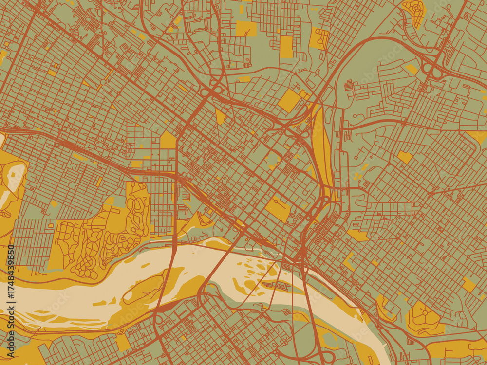 Fototapeta premium Stylized minimalist map of Richmond Center, Virginia in muted sage base, rust-colored roads, and soft ochre highlights.