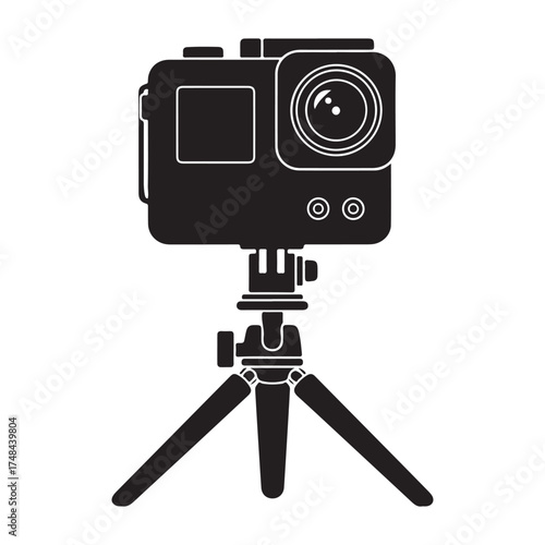 Black Silhouette of Action Camera on Tripod in Flat Vector Style