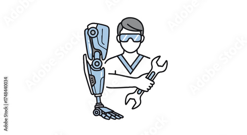 A technician with a robotic arm holding a wrench in a simple line drawing style with blue accents on a white background.