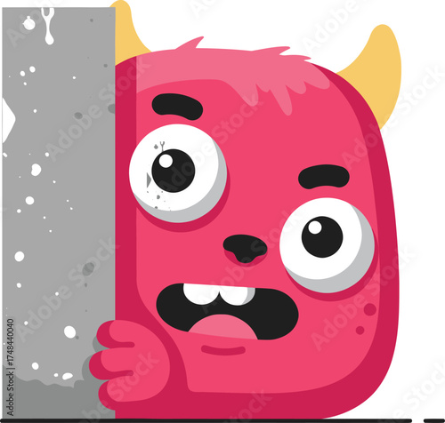 Cartoon monster peeking behind a wall with surprise expression