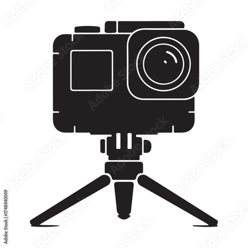 Black Silhouette of Action Camera on Tripod in Flat Vector Style