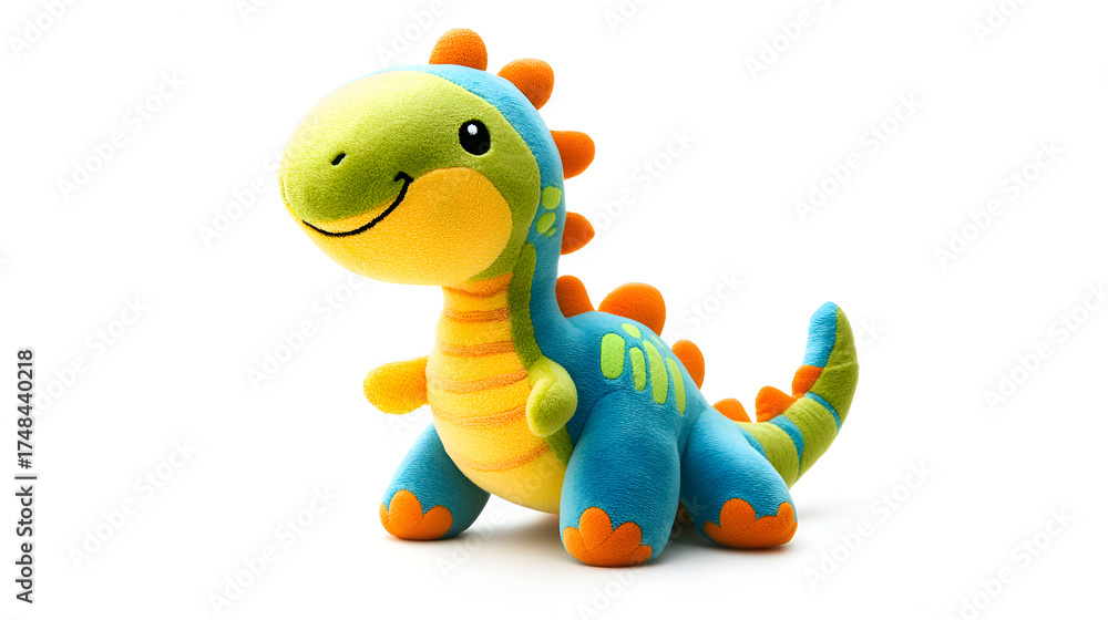 Fototapeta premium Dinosaur Plush Toy Cute Stuffed Animal Friend Green Blue Yellow Orange Scales Striped Smiling Soft Lovely Dino for Kids Children Baby on White Background