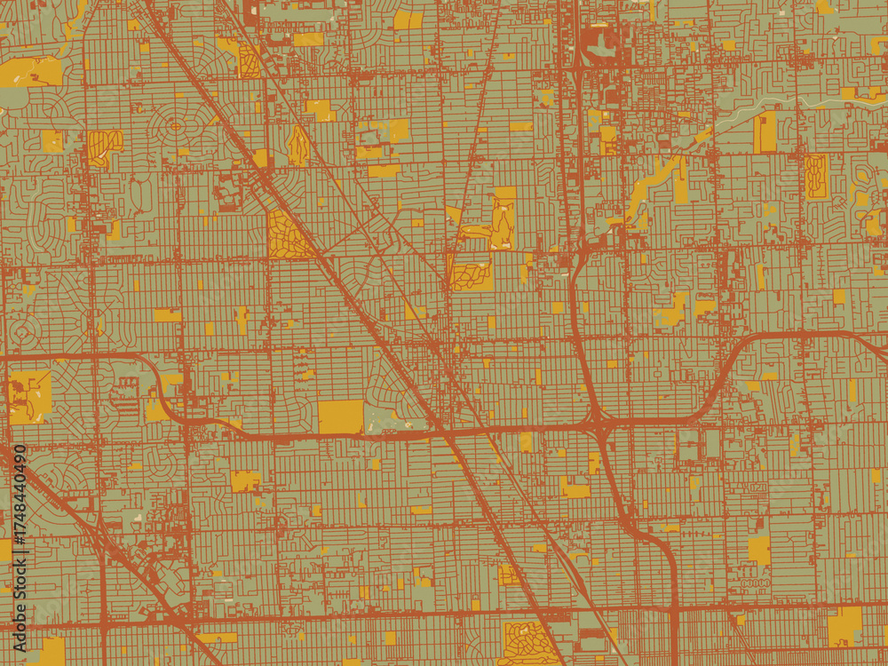 Obraz premium Poster-ready flat map of Royal Oak, Michigan, olive backdrop with warm rust street network and ochre blocks.