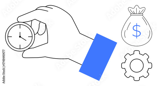 Hand holding clock with bag of money and gear represents balancing time, money, and efficiency. Ideal for time management, productivity, business, finance, planning, optimization simple flat
