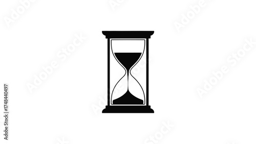 Black silhouette of an hourglass with sand flowing from top to bottom on a white background