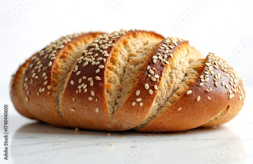 Artisan baked whole grain bread loaf with natural golden crust, toasted sesame seeds rests on clean white background. Fresh, rustic sourdough food perfect for healthy eating, breakfast, snack.