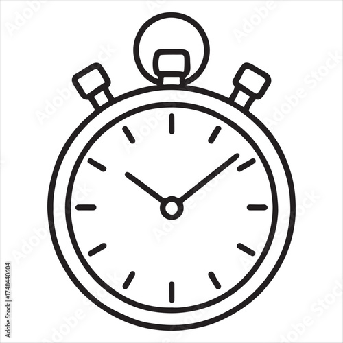 Simple black and white line art illustration of a classic stopwatch symbolizing time and measurement