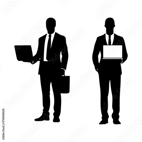 Set of Businessman Holding Laptop Silhouette Vector Illustration