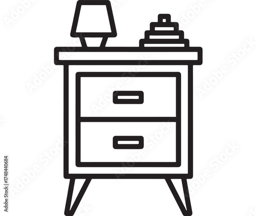 Simple illustration of a bedside table with a lamp and decorative items