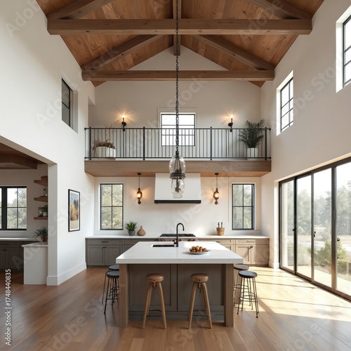Spacious open plan kitchen and living area with high vaulted wooden ceiling beams. Modern island with stools, large windows overlooking forest. Minimalist interior design.