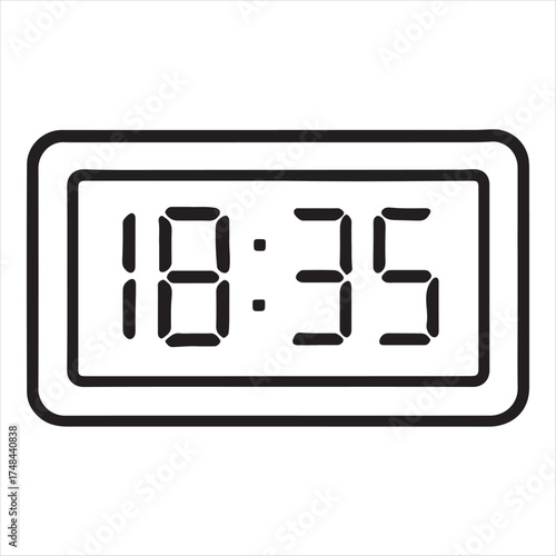 Simple outline icon of a digital clock displaying the time eighteen thirty five