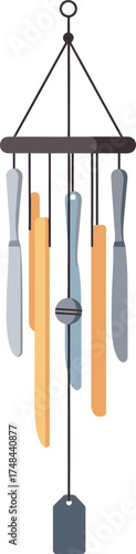 Hanging wind chime with colorful metal and wood design elements.