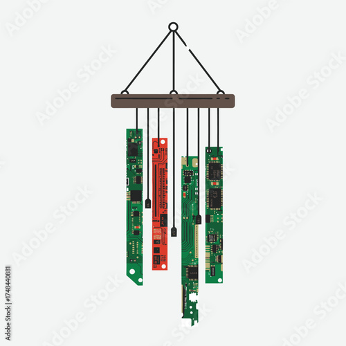 Wind chime made from circuit boards; creative tech decor concept