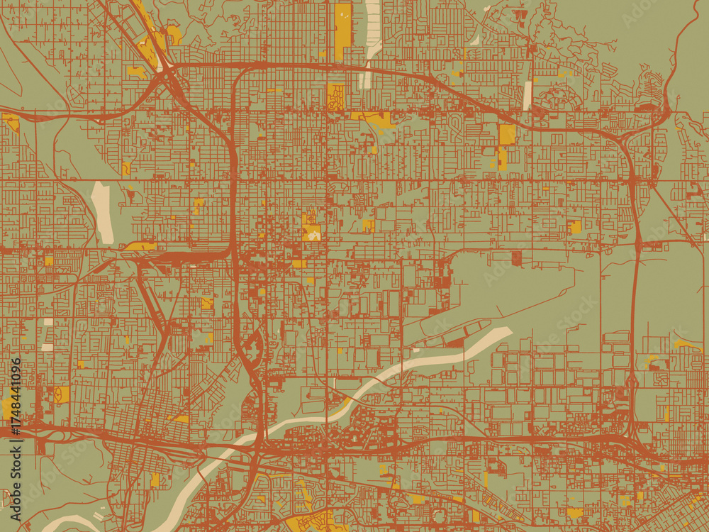 Obraz premium Abstract flat-design map of San Bernardino, California, featuring earthy sage background with rust roadways and ochre details.