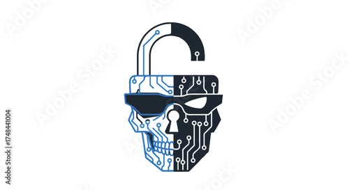 A close-up illustration of a skull with a padlock and circuit board design in shades of blue and black on a white background.