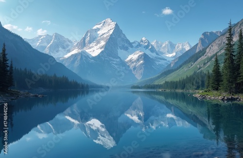 Wallpaper Mural Snow capped mountain peaks reflect in calm blue lake water. Green pine forests line the shore. Blue sky with white clouds above vast mountain range. Torontodigital.ca
