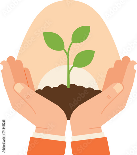 Hands holding a small plant, soil, and a light color gradient background