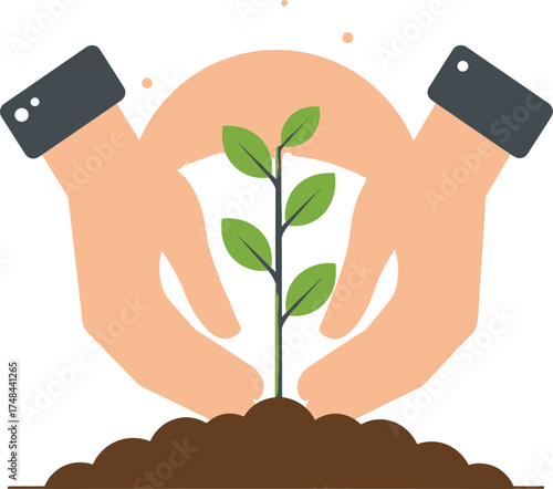 Hands planting a sapling in soil against sun background illustration