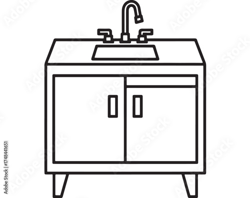 Clean and simple line drawing of a modern bathroom vanity with sink and faucet.