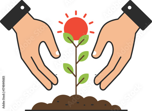 Hands protect a plant growing in soil under the sun illustration.