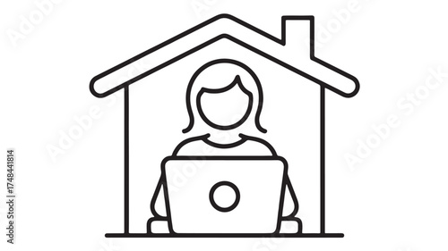 Person working remotely on a laptop inside a stylized house outline