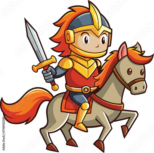 Cartoon Knight on Horse with Sword – Medieval Hero Vector